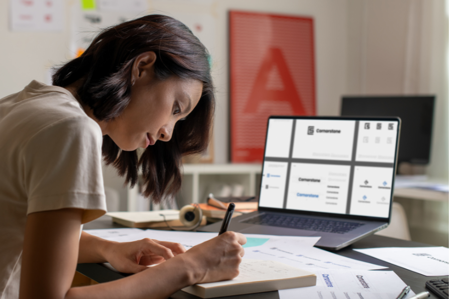 a woman writing a content plan for implementation
