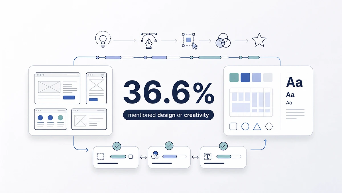 Web design and creativity graphic with website wireframes, layout systems, typography, and design elements.