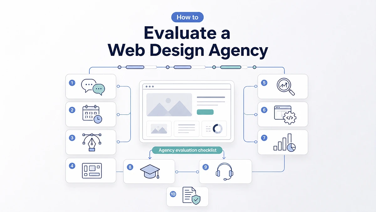 Web design agency evaluation checklist graphic covering communication, schedule, design, development, UX, SEO, measurement, training, support, and ownership.