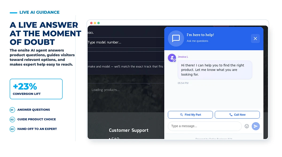 Focused live view of the UltraTrack AI shopping agent answering a visitor and offering routes to find a part or call for help