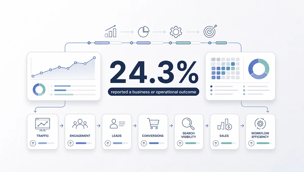 Business outcome research graphic showing traffic, engagement, leads, conversions, search visibility, sales, and workflow improvements.