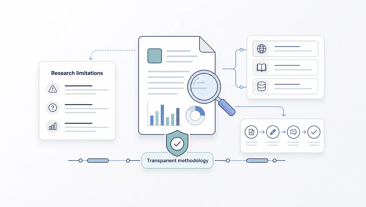 Research transparency graphic showing methodology notes, source review, disclosure, and audit checks.