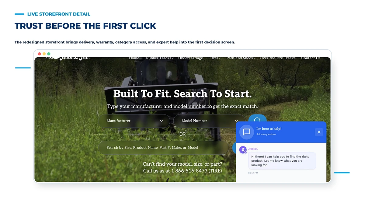 Focused live view of the redesigned UltraTrack storefront with product search and buyer support
