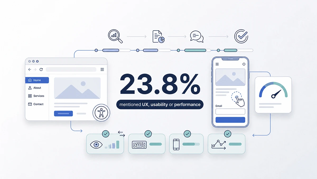 Website UX and performance graphic with desktop and mobile layouts, accessibility, navigation, form, and speed indicators.