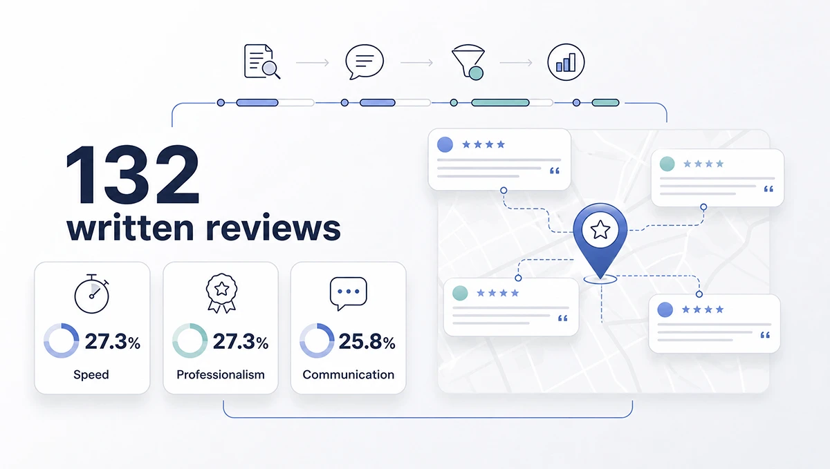 Google review subset research graphic showing speed, professionalism, and communication as the leading spontaneous review themes.