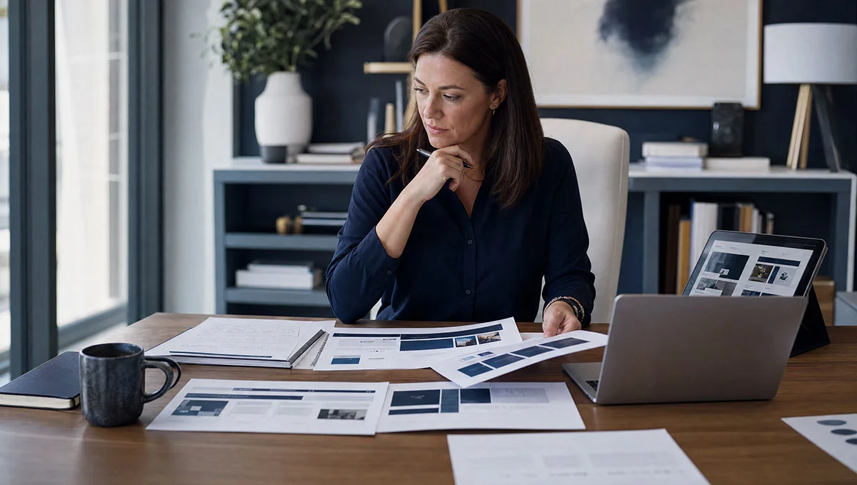 Dallas business owner reviewing website proposals, page designs, and project information before choosing a web design agency.