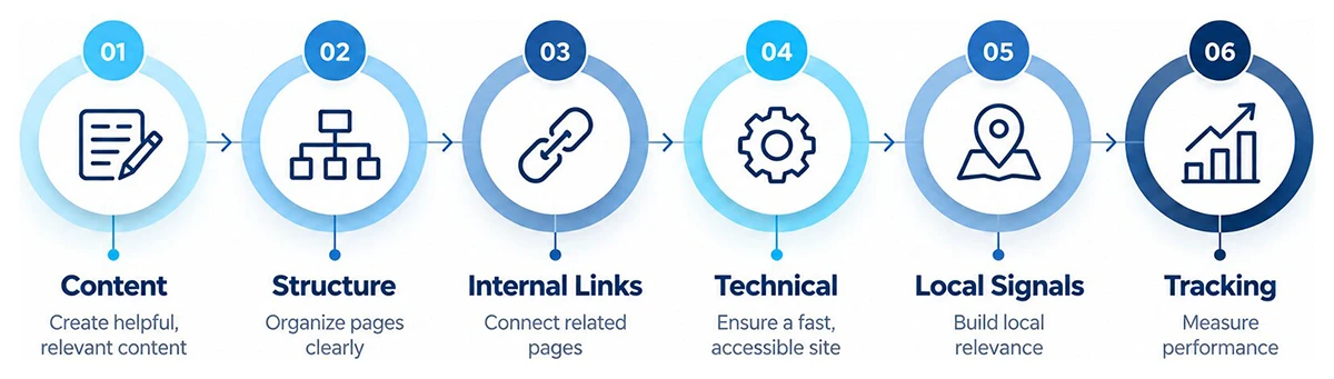 SEO foundation infographic showing content, structure, internal links, technical setup, local signals, and tracking.