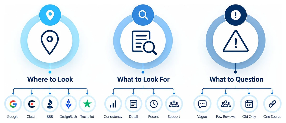 Infographic showing where to look for web design agency reviews, what to look for in reviews, and what to question.